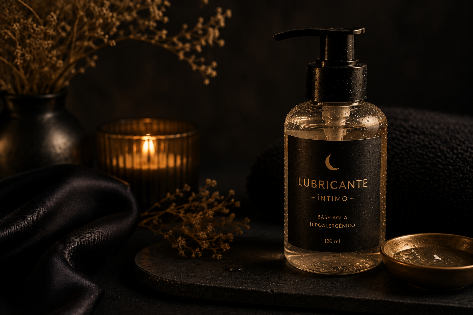 Escena cálida con lubricante íntimo y elementos de cuidado personal