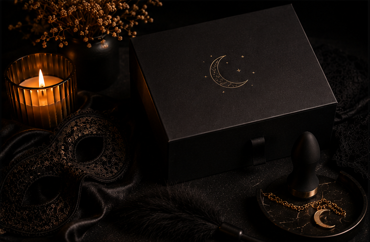 Caja negra con media luna y accesorios en una escena de exploración íntima