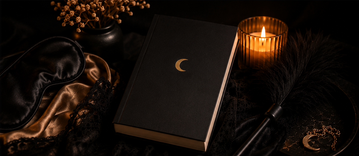 Libro negro con símbolo de media luna en una escena íntima de luz cálida